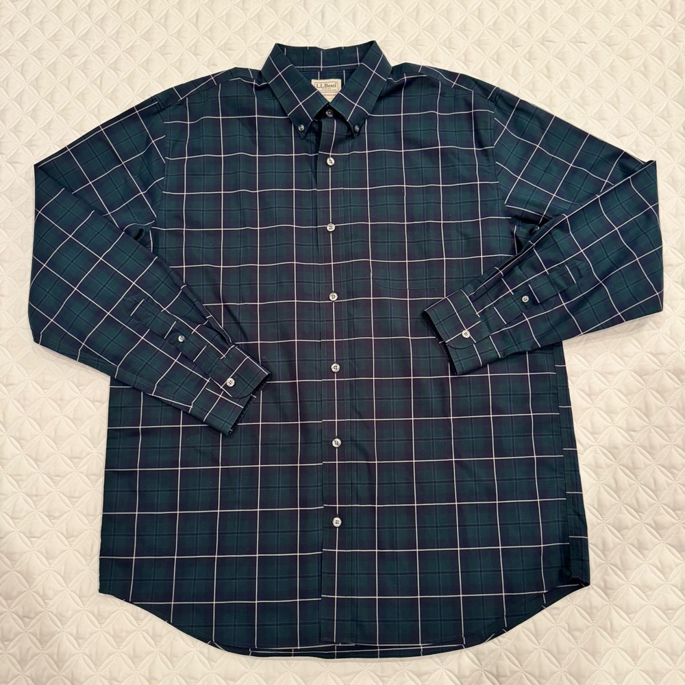 L.L. Bean Traditional Fit Cotton Blue Green Plaid Tartan Button Down Shirt Sz L